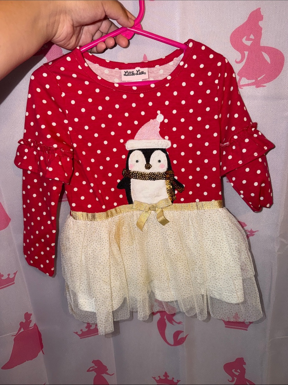 Little Lass Red Polka Dot Penguin Tulle Dress with Gold Trim